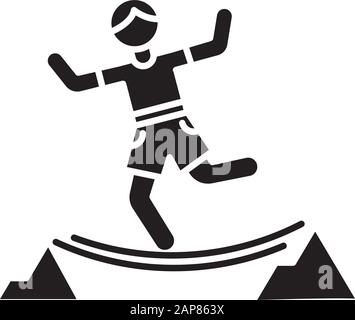 Highlining glyph icon. Slacklining. Walking and balancing on tightrope. Slackliner in mountains. Extreme sport stunt. Walker on rope. Silhouette symbo Stock Vector
