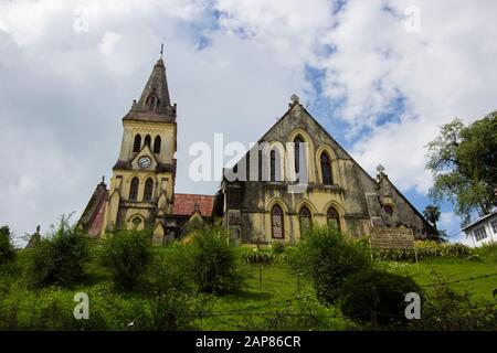 Looking up at the historic Victorian Scottish Anglican St Andrew's church. In Darjeeling, West Bengal, India. Stock Photo