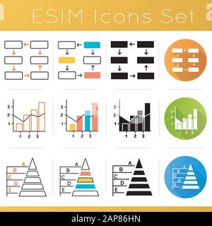 Chart and graph icons set. Connection and wiring diagram. Mixed chart. Pyramid hierarchy. Business organization. Economy. Flat design, linear, black a Stock Vector