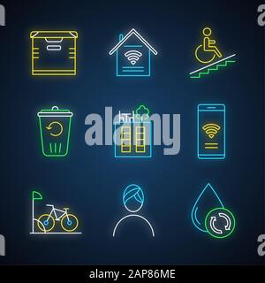 Apartment amenities neon light icons set. Storage, smart home, wheelchair access, recycling service, rooftop deck, iInternet access, bike parking, spa Stock Vector