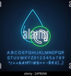 Water filtration, purification neon light icon. Conservation of planet aquatic resources. Recycling hidrosystem. Glowing sign with alphabet, numbers a Stock Vector