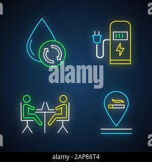Apartment amenities neon light icons set. Water filtration, car charging station, coworking space, smoking allowed. Comfortable house. Residential ser Stock Vector