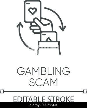 Gambling scam linear icon. Money betting, risk taking. Cheating in casino. Hand holding card. Cybercrime. Thin line illustration. Contour symbol. Vect Stock Vector