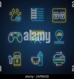 Apartment amenities neon light icons set. Pets allowed, swimming pool, charging outlet, game room, movie theater, ev charging station, nursery, carsha Stock Vector