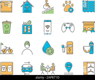 Apartment amenities color icons set. Residential services. Comfortable house signs. Luxuries for dwelling inhabitants. Property conveniences for mille Stock Vector