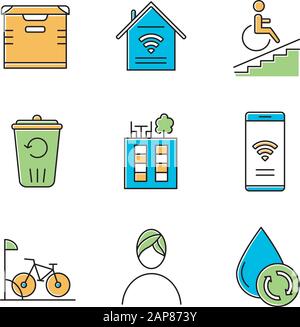 Apartment amenities color icons set. Storage, smart home, wheelchair access, recycling service, rooftop deck, iInternet access, bike parking, spa, wat Stock Vector