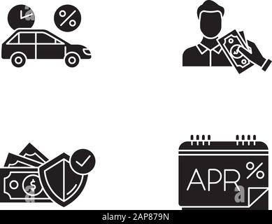 Credit glyph icons set. Car credit with interest rate. Borrow, loan money. Pay for insurance. Annual percentage rate report. APR calculations. Silhoue Stock Vector