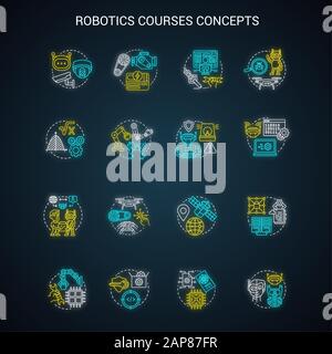 Robotics courses neon light concept icons set. Creating robots idea. Making electronics, devices. Lessons of robot modelling, developing, programming. Stock Vector