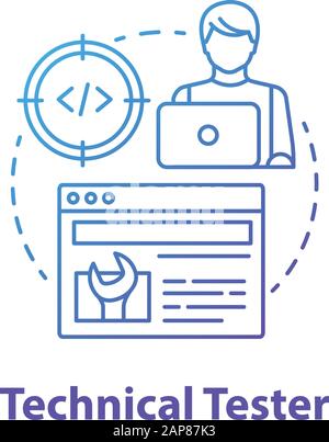 Technical tester concept icon. Software development idea thin line illustration. App programming professional. System functions analysis. IT project m Stock Vector