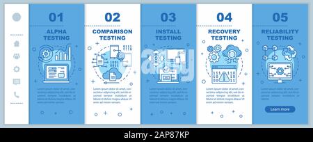 Software performance testing blue onboarding mobile web pages vector template. Responsive smartphone website interface idea with linear illustrations. Stock Vector