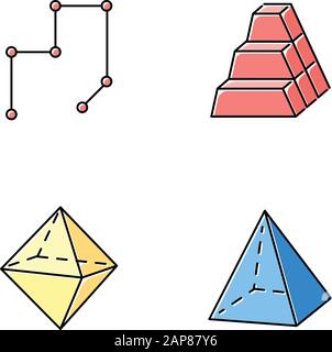Geometric figures color icons set. Connected lines with points. Stock of dimensional blocks. Pile of bricks. Double pyramid. Abstract shapes. Isometri Stock Vector