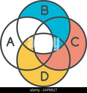 Venn diagram color icon. Round chart with circular segments. Overlapping circles. Intertwined graph sections with indexes. Marketing presentation, bus Stock Vector