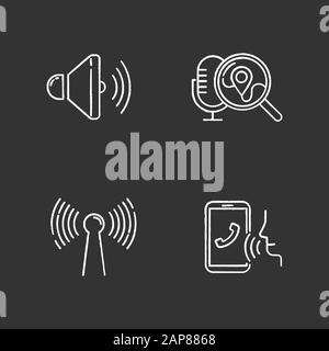 Voice control apps chalk icons set. Mobile voice commands idea. Sound recorder, search request. Innovative wireless technology. Speech recognition.Iso Stock Vector