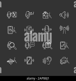 Voice control chalk icons set. Sound request idea. Speech recognition process. Microphone using modes, recording equipment. Remote controlled apps. Is Stock Vector