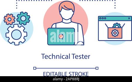 Technical tester concept icon. IT employee idea thin line illustration. Software testing specialist. Indicating issues and problems. Vector isolated o Stock Vector