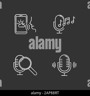 Sound request chalk icons set. Voice control system idea. Speech recognition technology. Voice controlled apps. Microphones, speakers, forecast app. I Stock Vector