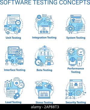 Software testing concept turquoise icons set. System perfomance verification idea thin line illustrations. Program development stages. Reliability. Ve Stock Vector