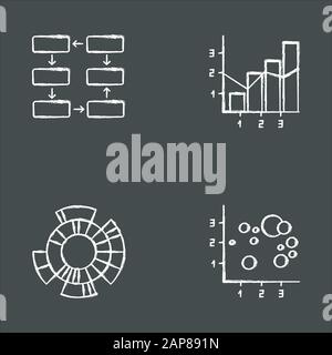 Chart and graph chalk icons set. Data connection, wiring. Process steps, progress stages. Mixed chart. Sunburst radial diagram. Scatter bubble chart. Stock Vector