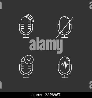 Microphone using modes chalk icons set. Voice control idea. Sound recorder installation. Speech recognition process. Mic connection problem. Technical Stock Vector