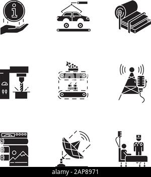 Industry types glyph icons set. Information sign. Automotive production. Pulp and paper. Steel industry. Fruit supply. Broadcasting. Healthcare. Silho Stock Vector