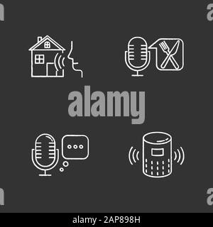 Remote control system chalk icons set. Virtual assistance tools idea. Microphones, speaker. Speech recognition equipment. Smart home technology, food Stock Vector