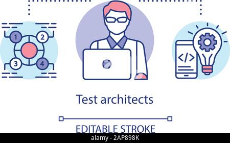 Test architects concept icon. IT developers idea thin line illustration. Creative employee. Software testing process. Indicating issues and problems. Stock Vector