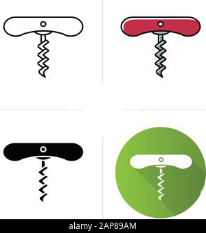 Wine corkscrew with spiral icons set. Bottle opening tool. Barman and sommelier equipment. Beverage, drink. Cork remover. Flat design, linear, black a Stock Vector