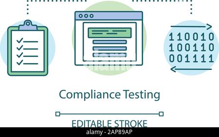 Compliance testing concept icon. Computer program standarts idea thin line illustration. Software testing process. Indicating issues and problems. Vec Stock Vector