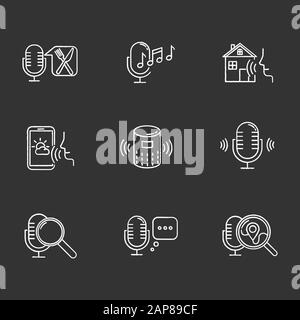 Voice control system chalk icons set. Sound requests idea. Different microphones. Music recognition, sound record. Virtual asisstance, standart voice Stock Vector
