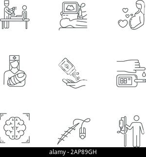 Medical procedure linear icons set. Prosthetics. Ultrasound diagnostic. Pregnancy, pediatrics. Blood test. Brain scan. Thin line contour symbols. Isol Stock Vector