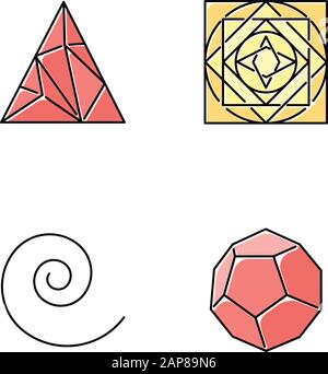 Geometric figures color icons set. Polygonal triangle. Solid square with circle ornament. Swirls, curved stokes. Abstract shapes. Filled dodecahedron. Stock Vector