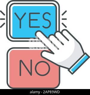 Choose option color icon. Yes and no buttons. Hand clicking option. Agree and disagree. Approve and disapprove. Picking answer. Confirm. Info collecti Stock Vector