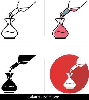 Dessert wine decantering icons set. Alcohol beverage pouring in decanter. Aperitif drink bottle. Barman, sommelier, winery. Flat design, linear, black Stock Vector