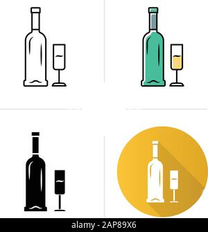 Open bottle and glass of champagne icons set. Wine service. Sparkling wine. Aperitif, alcohol beverage. Glassware, winery. Flat design, linear, black Stock Vector