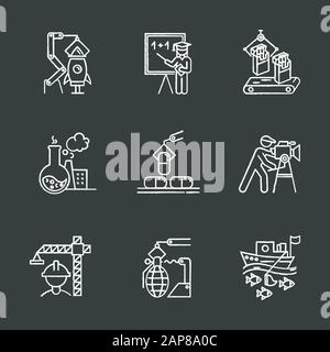 Industry types chalk icons set. Aerospace, education, tobacco, chemical, pharmaceutical, filmmaking, construction, arms production, fishing business s Stock Vector