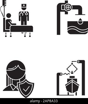 Industry types glyph icons set. Healthcare services. Water supply. Life insurance. Shipbuilding production. Boat, ship, marine vehicle. Medical help. Stock Vector
