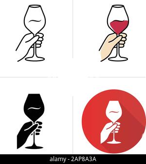 Barman holding glass of wine icons set. Winery, sommelier. Alcohol beverage, aperitif drink. Wineglass, glassware. Flat design, linear, black and colo Stock Vector