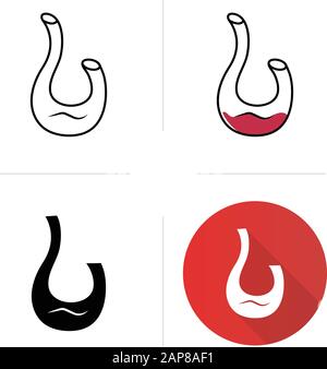 Decorative swan decanter icons set. Wine service. Alcohol beverage. Aperitif drink. Tableware, glassware. Flat design, linear, black and color styles. Stock Vector