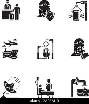 Industry types glyph icons set. Life insurance. Hospitality. Electronics production. Transport, shipbuilding. News, media. Healthcare. Steel industry. Stock Vector