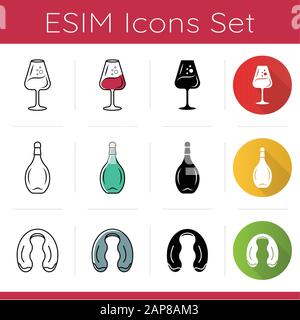 Wine glasses and bottles icons set. Aperitif glassware. Foil cutter. Sommelier and barman tools. Alcohol beverage. Flat design, linear, black and colo Stock Vector