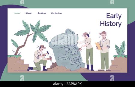 Early history landing page vector template. Study of lost civilizations website interface idea with flat illustrations. Mayan and Aztec legacy homepag Stock Vector