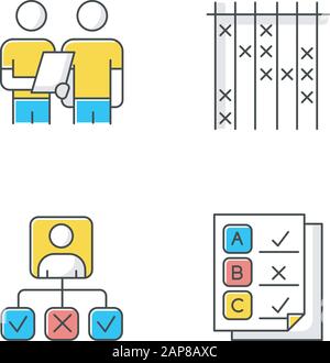 Survey color icons set. Interview, questioning. Checklist mark. Info collection and analysis. Personal profile. Questionnaire, written test. Check lis Stock Vector