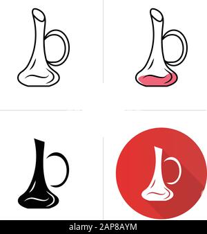 Decanter icons set. Aperitif drink. Party, holiday, celebration. Bar, restaurant, winery. Glassware, tableware. Flat design, linear, black and color s Stock Vector