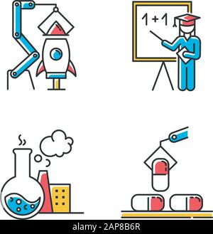 Industry types color icons set. Goods and services production. Aerospace, education, chemical and pharmaceutical sectors of economy. Research and scie Stock Vector