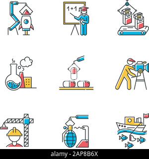 Industry types color icons set. Aerospace, education, tobacco, chemical, pharmaceutical, filmmaking, construction, arms production, fishing business s Stock Vector