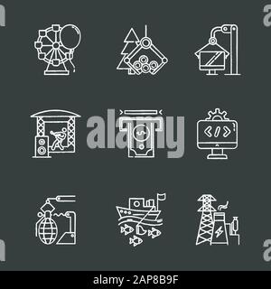 Industry types chalk icons set. Entertainment, timber, computer, music, financial services, software, arms, fishing, energy sectors. Business spheres. Stock Vector
