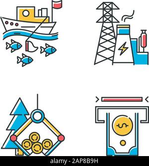 Industry types color icons set. Fishing, energy, timber, financial sectors of economy. Business spheres. Goods and services production. Isolated vecto Stock Vector