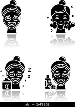 Skin care procedures drop shadow black glyph icons set. Night time routine. Vitamin C cream for facial beauty treatment. Using cleanser water. Moistur Stock Vector