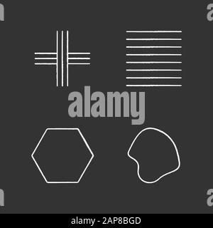 Geometric figures chalk icons set. Crossed stripes. Black ink strokes. Parallel lines. Flat solid hexagon. Filled fluid abstract shape. Isometric form Stock Vector