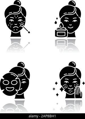 Skin care procedures drop shadow black glyph icons set. Spot treatment for blackheads. Problematic skin. Sheet cotton mask. Using beauty water. Cosmet Stock Vector